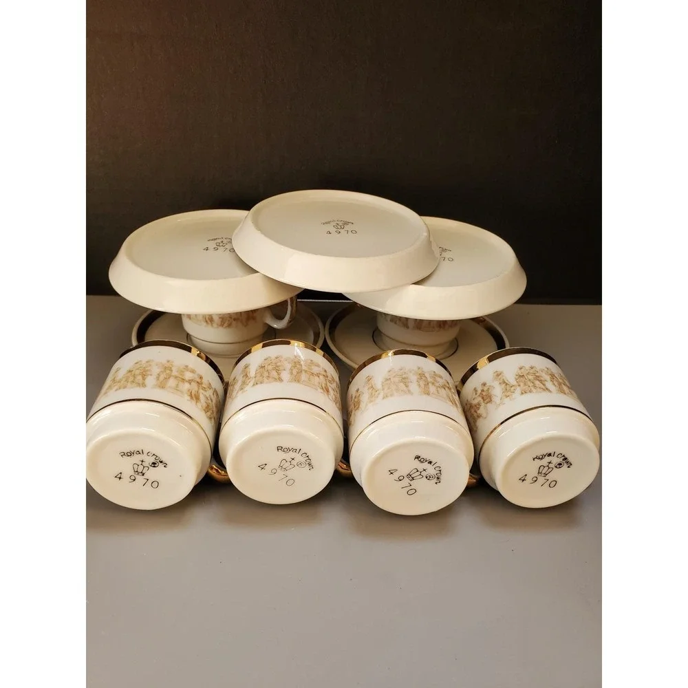 Royal Crown Espresso Cups & Saucers Set 6 Demitasse Gold Greek Key‎
